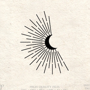 Könnte beinhalten: Schwarzweißes Vektorgrafikdesign eines zunehmenden Mondes mit Sonnenstrahlen, die von hinten ausstrahlen. Dieses Design ist perfekt für das Schneiden von Vinyl, Laserschneiden, Lasergravieren, Drucken und Sticken.