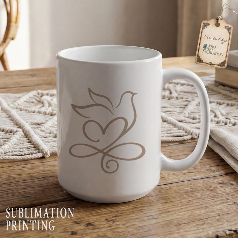 Peut inclure: Mug en c&eacute;ramique blanche avec un motif de colombe et de c&oelig;ur marron clair. La tasse a une grande anse et les mots "Sublimation Printing" sont imprim&eacute;s en bas. Une &eacute;tiquette indique "Created by Pro Art Creation".