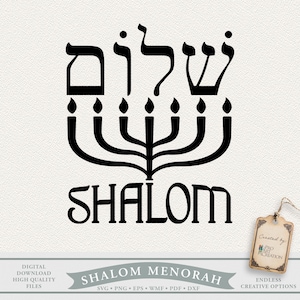 May include: Black Shalom Menorah design. The image features the Hebrew word "Shalom" above a stylized menorah with seven candle holders. The word "Shalom" is written in English below the menorah. The design is on a white background.
