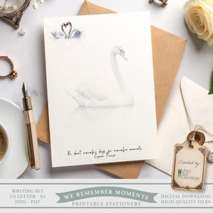 Puede incluir: Juego de papelería con una ilustración de un cisne. La tarjeta presenta un cisne en el agua y la cita "We don't remember days, we remember moments" de Cesare Pavese. Incluye un sobre marrón y una etiqueta.