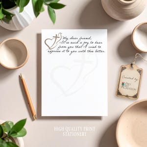 May include: White stationery with a printed message, a dove, and a heart design. The text reads "My dear friend, It is such a joy to hear from you that I wish to express it to you with this letter." The stationery is labeled "HIGH QUALITY PRINT STATIONERY."