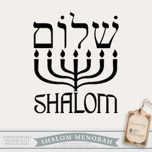 Puede incluir: Diseño negro de Menorah Shalom con texto hebreo y la palabra "Shalom" debajo. La imagen incluye una pancarta que dice "Shalom Menorah" y "Archivos digitales descargables de alta calidad".