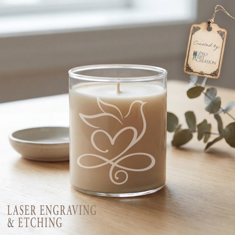 Peut inclure: Une bougie beige dans un pot en verre transparent, avec un motif blanc grav&eacute; d'une colombe et d'un c&oelig;ur. La bougie est pos&eacute;e sur une surface en bois, avec une petite coupelle et une &eacute;tiquette "Created by: Pro Art Creation". Le texte "LASER ENGRAVING & ETCHING" est en bas.