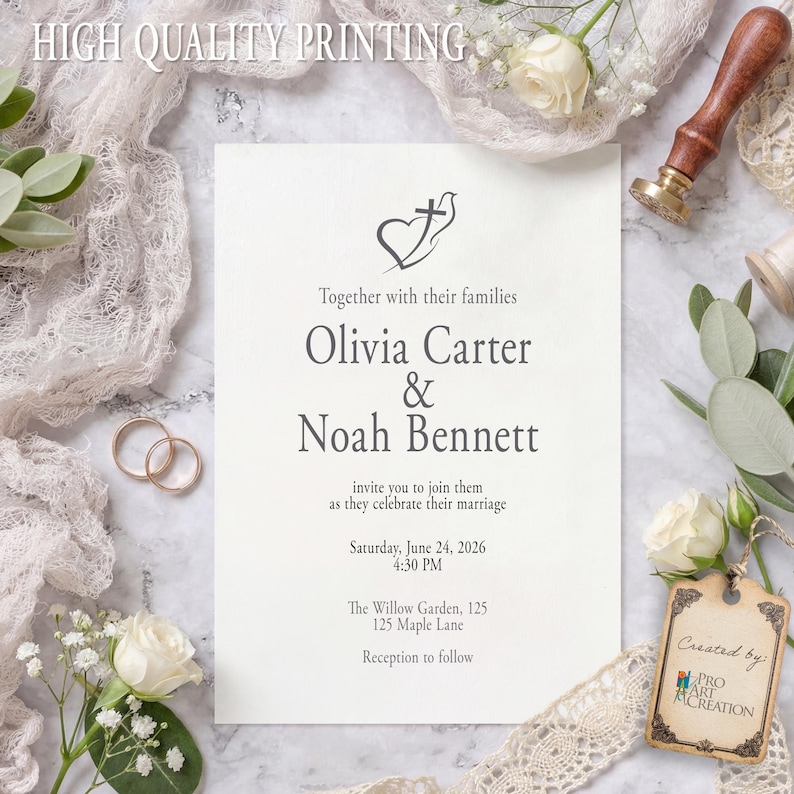 May include: A wedding invitation with the names Olivia Carter & Noah Bennett, date, time, and location. The invitation is surrounded by wedding rings, flowers, and a wax seal. The text "HIGH QUALITY PRINTING" is at the top.
