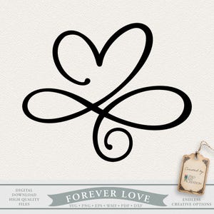 Puede incluir: Dise&ntilde;o negro de coraz&oacute;n estilizado y s&iacute;mbolo de infinito. Las palabras "Forever Love" se muestran debajo del dise&ntilde;o. La imagen tambi&eacute;n incluye el texto "Descarga Digital Archivos de Alta Calidad" y "Opciones Creativas Infinitas".