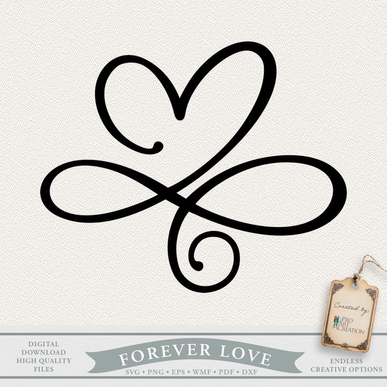 Puede incluir: Dise&ntilde;o negro de coraz&oacute;n estilizado y s&iacute;mbolo de infinito. Las palabras "Forever Love" se muestran debajo del dise&ntilde;o. La imagen tambi&eacute;n incluye el texto "Descarga Digital Archivos de Alta Calidad" y "Opciones Creativas Infinitas".