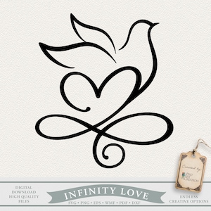 Può includere: Disegno a tratto nero raffigurante una colomba, un cuore e il simbolo dell'infinito. Le parole "INFINITY LOVE" sono in basso. Adatto per il download digitale e progetti creativi.