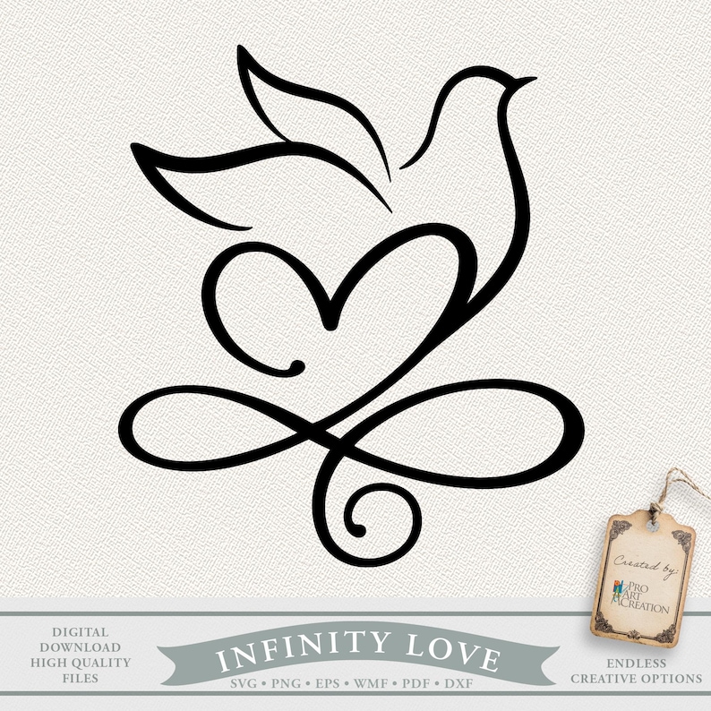 Peut inclure: Illustration en noir d'une colombe, d'un c&oelig;ur et du symbole de l'infini. Le texte "INFINITY LOVE" est en bas. Id&eacute;al pour le t&eacute;l&eacute;chargement num&eacute;rique et les projets cr&eacute;atifs.
