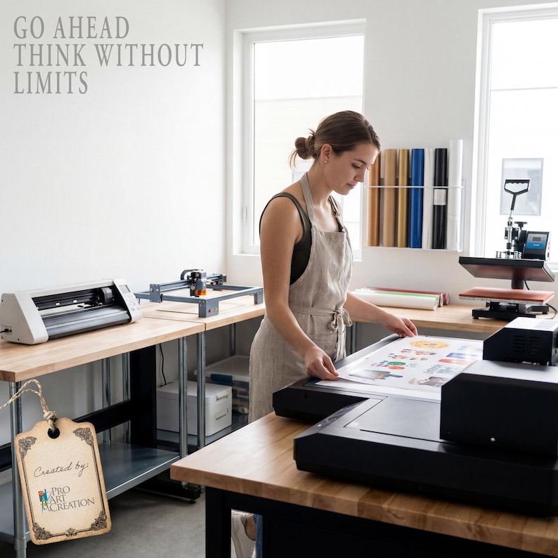 May include: A woman in a linen apron working in a craft studio. The image shows a cutting machine, a heat press, and rolls of vinyl. The text on the wall reads "GO AHEAD THINK WITHOUT LIMITS". A tag reads "Created by PRO ART CREATION".