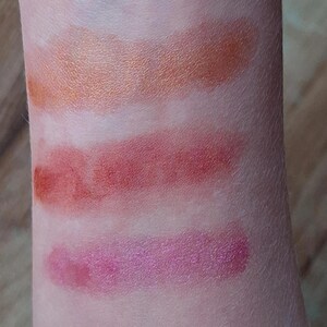 Puede incluir: Primer plano de un brazo con cuatro muestras de maquillaje. Las dos superiores son de color naranja y bronce, las dos inferiores son de color rosa y rojo. El maquillaje est&aacute; aplicado sobre la piel, mostrando los colores y texturas.