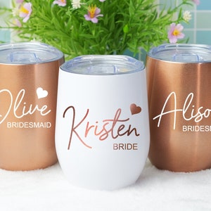 Personalized Wine Tumbler,Stemless Wine Glass with Lid,Custom Insulated Wine Cup,Stainless Steel,Wedding Tumbler for Bride Bridesmaid Gift