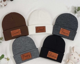 Custom Infant Beanie with Name - Newborn Baby Beanie - Personalized Leather Patch Beanies for Baby - Kid Knitted Hat - Vegan Leather Patch