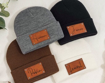Custom Infant Beanie with Name - Newborn Baby Beanie - Personalized Leather Patch Beanies for Baby - Kid Knitted Hat - Vegan Leather Patch