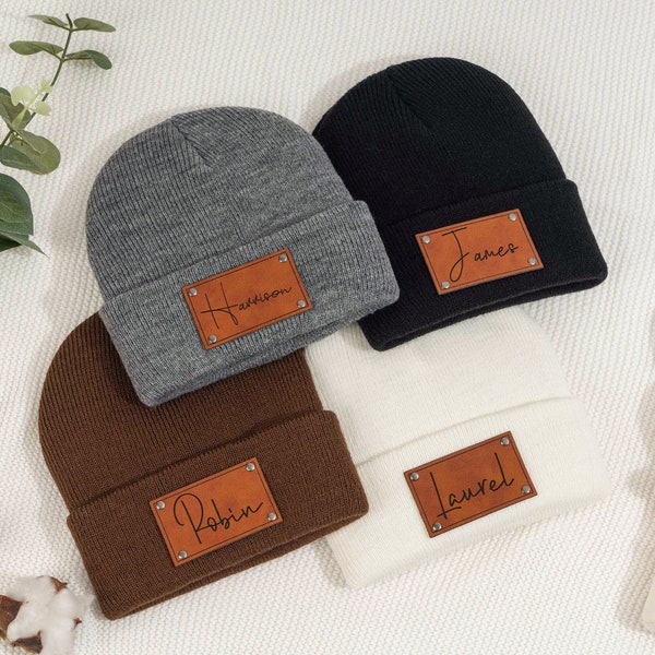 Custom Infant Beanie with Name - Newborn Baby Beanie - Personalized Leather Patch Beanies for Baby - Kid Knitted Hat - Vegan Leather Patch