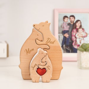 Cadeau pour les parents, Puzzle familial dours en bois 2023, Puzzle 3animaux, Puzzle dart DIY, Gravé au laser, Puzzle familial dours en bois, Famille danimaux image 1