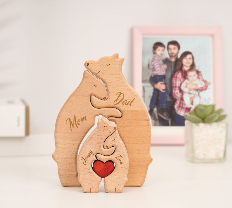 Cadeau pour les parents, Puzzle familial dours en bois 2023, Puzzle 3animaux, Puzzle dart DIY, Gravé au laser, Puzzle familial dours en bois, Famille danimaux image 1