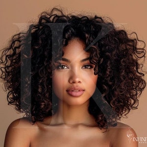 May include: A woman with dark brown curly hair and a neutral expression. She is wearing no makeup and has a bare neck. The background is a light brown color.