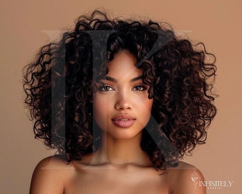 May include: A woman with dark brown curly hair and a neutral expression. She is wearing no makeup and has a bare neck. The background is a light brown color.