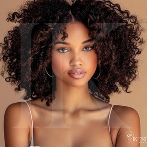 May include: A woman with dark brown curly hair wearing a white tank top. The background is a light brown color.