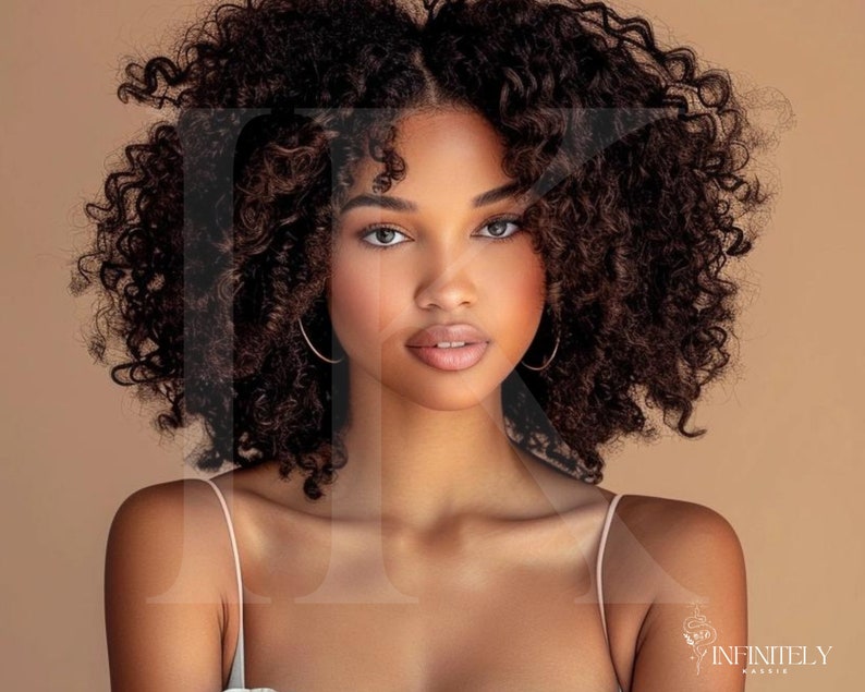 May include: A woman with dark brown curly hair wearing a white tank top. The background is a light brown color.