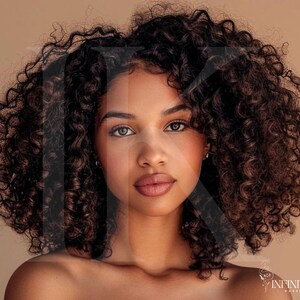 May include: A close-up portrait of a person with long, curly brown hair. The person has brown eyes and is wearing natural makeup. The background is a light brown color.