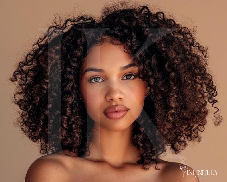 May include: A close-up portrait of a person with long, curly brown hair. The person has brown eyes and is wearing natural makeup. The background is a light brown color.