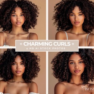 May include: Four photos of a woman with curly brown hair. She is wearing a white tank top and has a neutral expression on her face. The background is a light brown color.