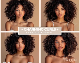 Charming Curls Ai Stock Photos, Midjourney Art, Stock photos, High quality Photos, hair care aesthetics, cosmetics, natural hair care