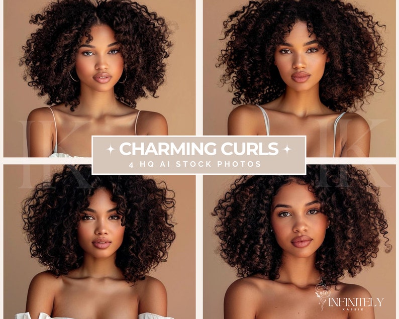 May include: Four photos of a woman with curly brown hair. She is wearing a white tank top and has a neutral expression on her face. The background is a light brown color.