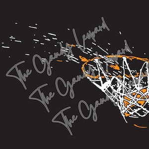 May include: A white basketball hoop with an orange rim and net. The text "The Grand Leopard" is repeated three times in white, with a white trail of dots behind the text.