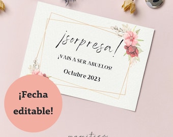 Tarjetas editables anuncio embarazo abuelos imprimibles FLORES. Tarjeta de anuncio de bebé, Vais a ser abuelos PARA IMPRIMIR fecha editable