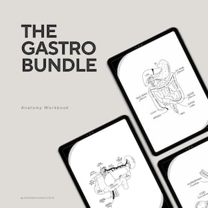 Op de afbeelding: Een digitale anatomie-werkboekbundel met de titel "The Gastro Bundle" en de tekst "Anatomy Workbook". De bundel bevat drie pagina's met zwart-wit illustraties van het menselijke spijsverteringsstelsel.