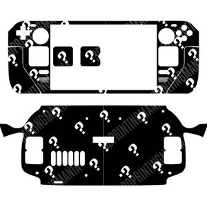 May include: A black vinyl skin decal set for a handheld gaming console, featuring a repeating white question mark pattern. The set includes a front piece with cutouts for buttons, joysticks, and screen, and a back piece with ventilation cutouts.