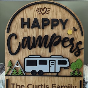 Happy Campers Personalized Welcome Sign | Camper Door Hanger | Wooden Camping Sign | Engraved Camping Sign