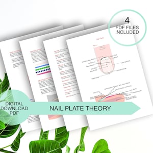 May include: Four printable PDF files with diagrams and text about nail plate theory. The diagrams show the anatomy of a fingernail, including the nail body, cuticle, nail bed, nail plate, free edge, eponychium, and hyponychium.