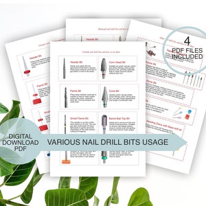 May include: A digital download guide for nail drill bits usage. The guide includes illustrations of different drill bits and their uses, such as needle, flame, cone, and barrel ball top bits. The guide also includes a section on sanding discs with base drill bits. The text on the guide says "Various Nail Drill Bits Usage" and "4 PDF Files Included".