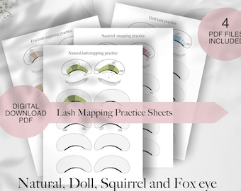 Lash Mapping guides for eyelash extension practice. Natural, Doll, Squirrel and Fox eye.
