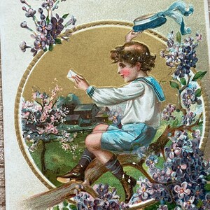 Sailor Boy Sending Message * Victorian * Flowers Bud and Bloom * Used * Antique Postcard