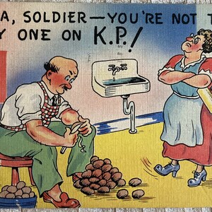 Salut soldat * Vous n'êtes pas le seul au KP * querelles mari/femme * humour * 1946 * timbre oblitéré * carte postale vintage