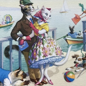 May include: A vintage postcard featuring a group of cats dressed in human clothing. The cats are on a pier by the water, with a boat in the background. One cat is wearing a blue shirt and a red hat, another is wearing a yellow dress and a red hat, and another is wearing a white dress and a red hat. The cats are all smiling and looking at the camera.