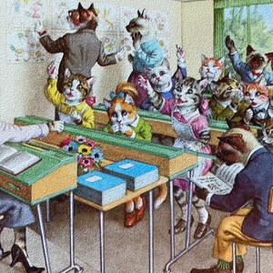 Mainzer Cats * Dia dos Pais na Escola * 4964 * Eugen Hartung * Bélgica * Não Utilizado * Cartão Postal Vintage * Borda Deckle