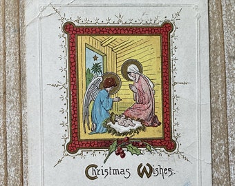 Christmas Wishes * Angel * Nativity Scene * 1917 * Canceled Stamp * Antique Postcard