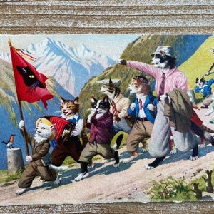 Mainzer Cats, Cats on the March, 4672, Alfred Mainzer, Eugen Hartung, inutilisé, carte postale vintage, Deckle Edge