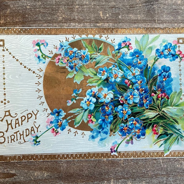 A Happy Birthday, Bouquet of Forget Me Nots, 1917, Canceled Stamp, Antique Birthday Postcard