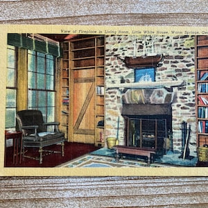 Avis de cheminée dans le salon, Little White House, Warm Springs, Géorgie, Curteich, linge de maison, inutilisé, carte postale vintage