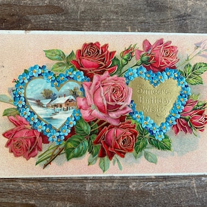 Souhaits d'anniversaire sincères, myosotis, roses, coeurs, scène d'hiver, 1909, timbre oblitéré, carte postale d'anniversaire ancienne