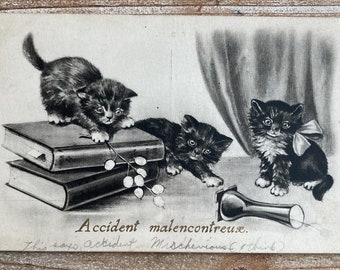 Accident Malencontreuse, Black Cats, Knocked Over Vase, WW2, Army Correspondence, 1945, Cancelled, Antique Postcard