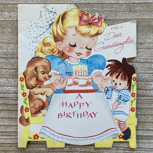For a Dear Granddaughter * Happy Birthday * Girl with Doll and Puppy and Cake * Vintage Card