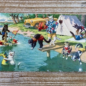 Mainzer Cats, Lakeside Swim, 4747, Alfred Mainzer, Eugen Hartung, Max Kunzli, Suisse, inutilisé, carte postale vintage, Deckle Edge