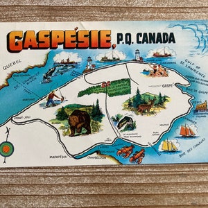 Carte postale de la Gaspésie, Québec, Canada, ours, pêche, homard, plasticchrome, inutilisée, carte postale vintage